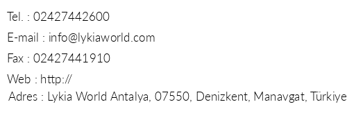 Lykia World Antalya telefon numaralar, faks, e-mail, posta adresi ve iletiim bilgileri